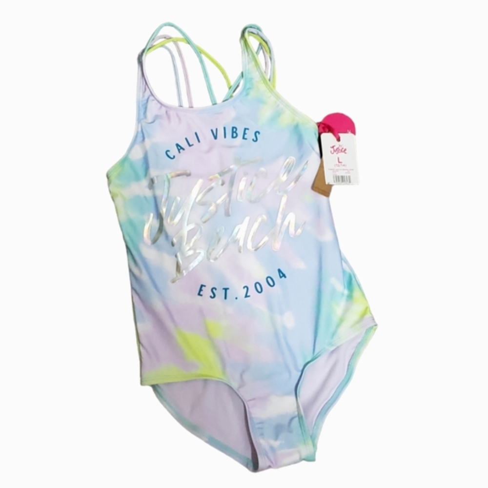 Justice Strappy Back Cali Vibes 1-Pc Swimsuit Girl's Size 12/14 NWT